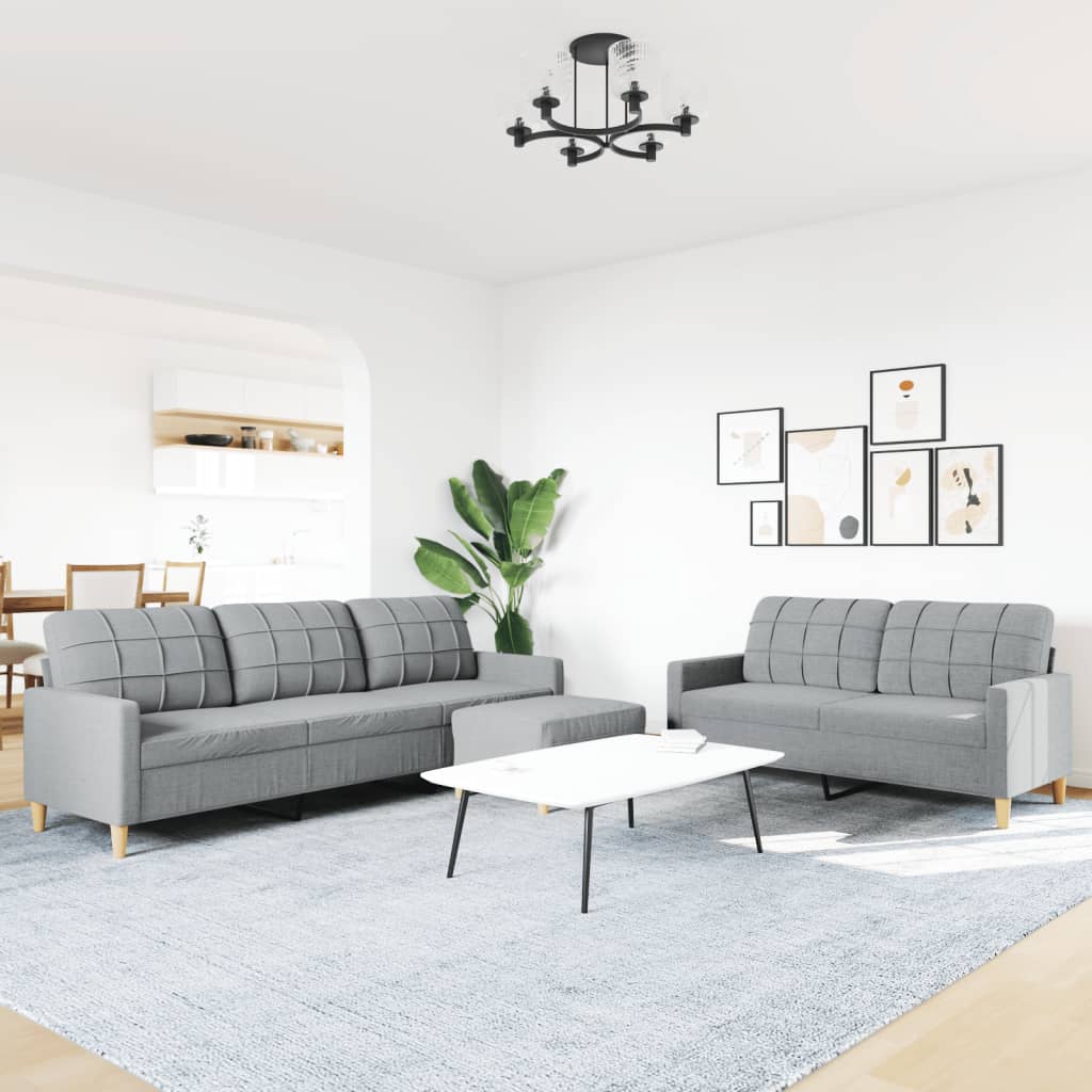 Set di Divani 3 pz con Poggiapiedi Grigio Chiaro in Tessuto
