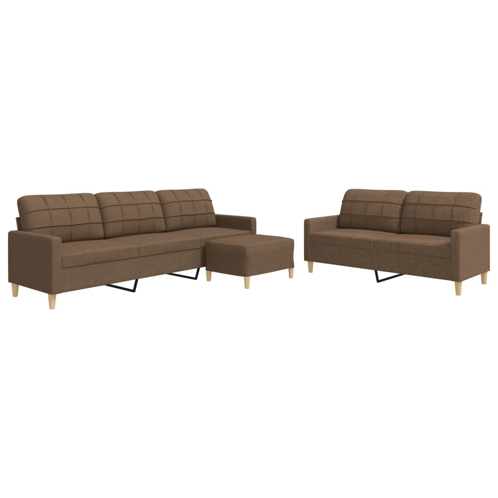 Set di Divani 3 pz con Poggiapiedi Marrone in Tessuto