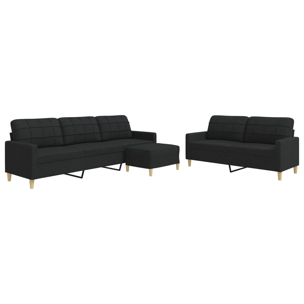 Set di Divani 3 pz con Poggiapiedi Nero in Tessuto