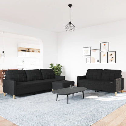 Set di Divani 3 pz con Poggiapiedi Nero in Tessuto