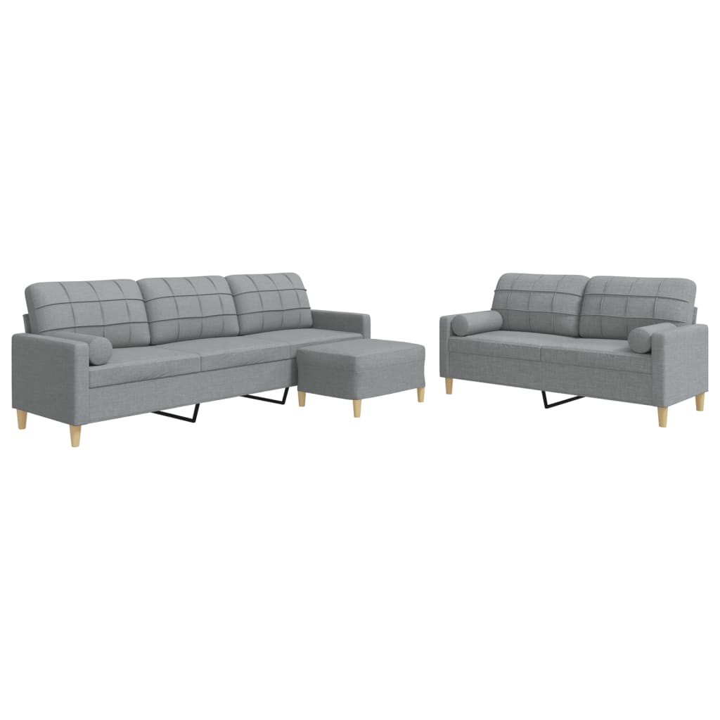 Set Divani 3 pz con Poggiapiedi e Cuscini Grigio Chiaro Tessuto