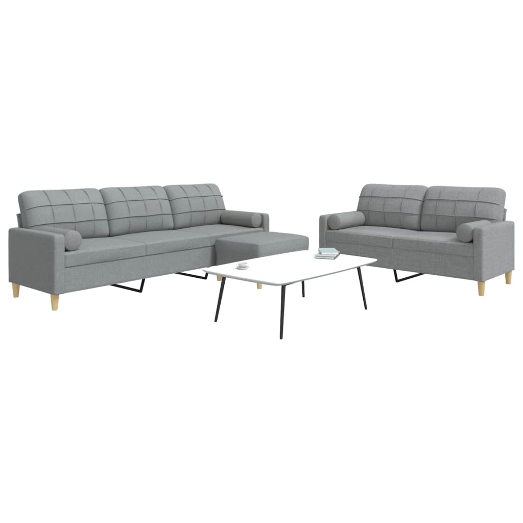Set Divani 3 pz con Poggiapiedi e Cuscini Grigio Chiaro Tessuto