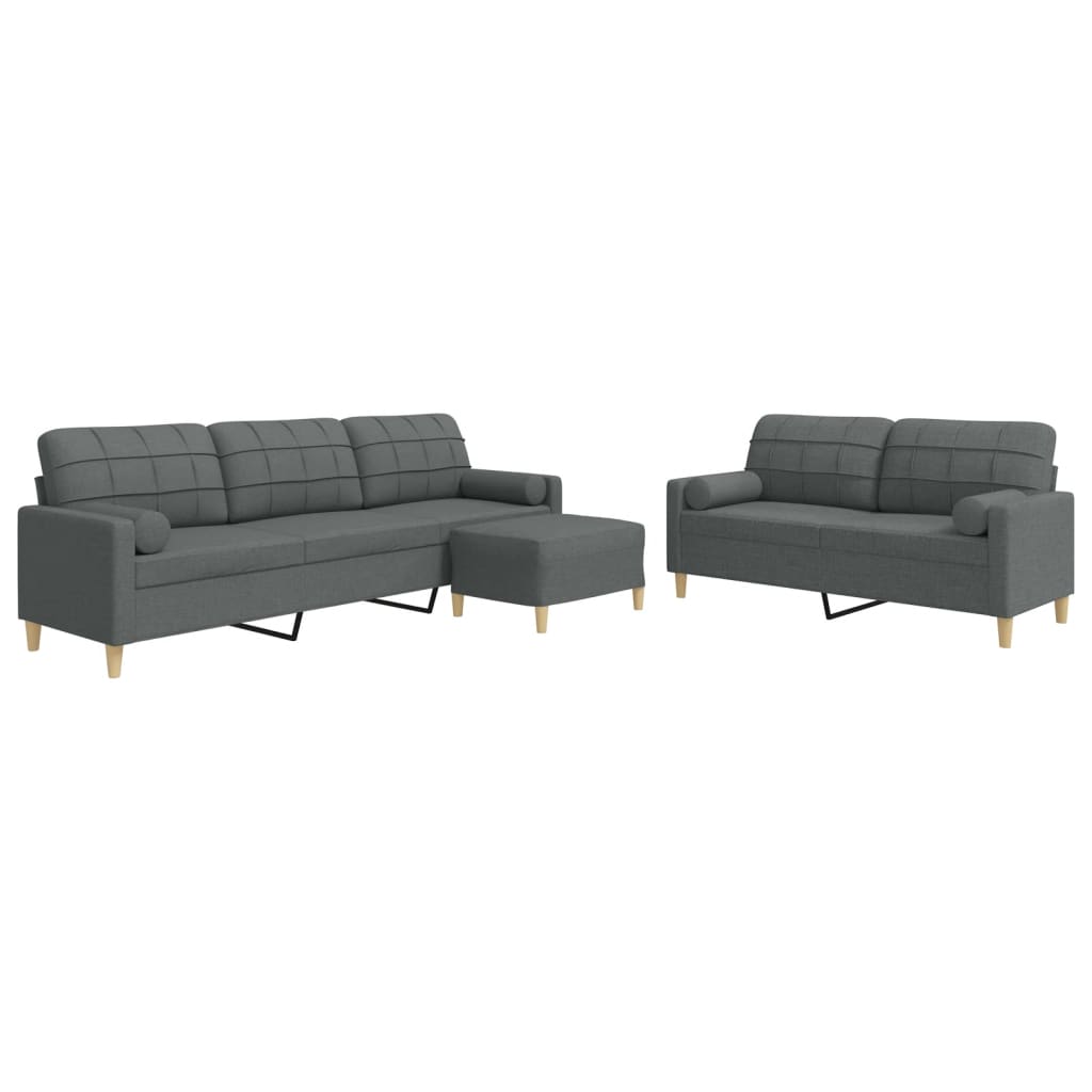 Set Divani 3 pz con Poggiapiedi e Cuscini Grigio Scuro Tessuto
