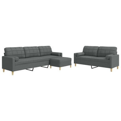 Set Divani 3 pz con Poggiapiedi e Cuscini Grigio Scuro Tessuto