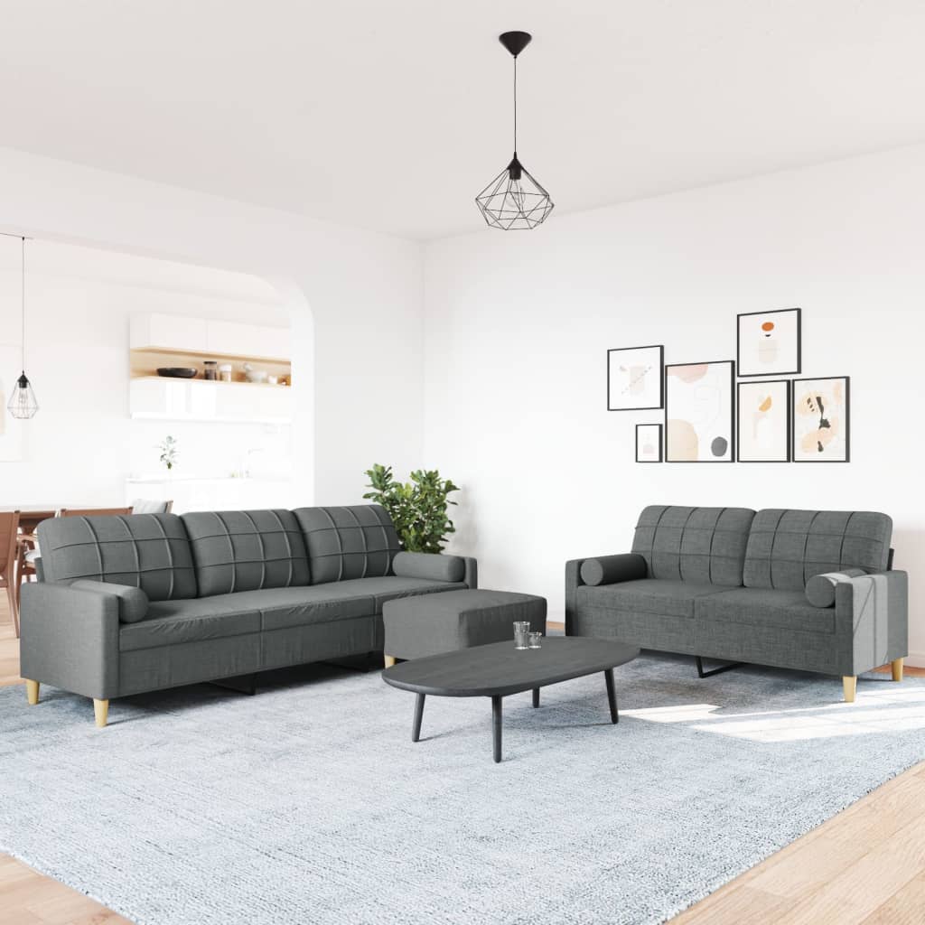 Set Divani 3 pz con Poggiapiedi e Cuscini Grigio Scuro Tessuto
