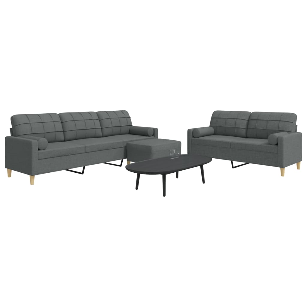 Set Divani 3 pz con Poggiapiedi e Cuscini Grigio Scuro Tessuto