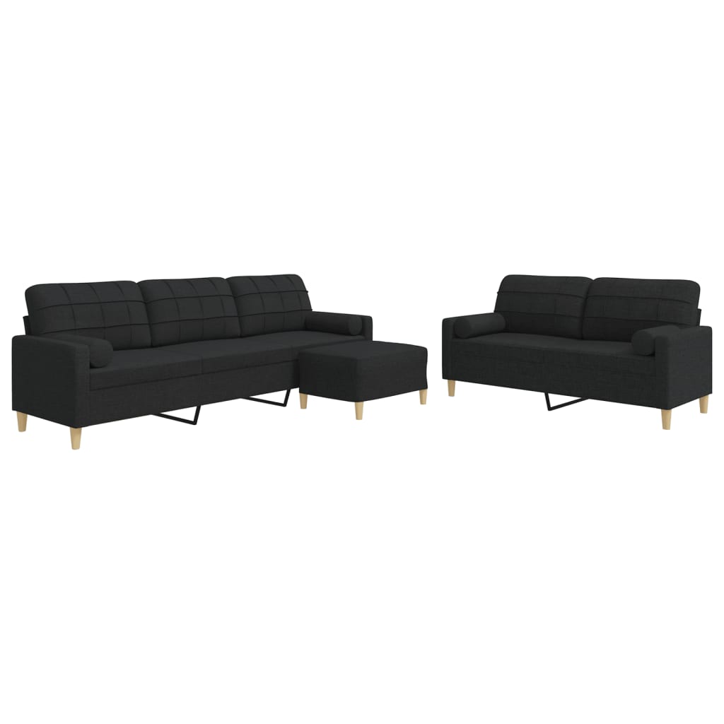 Set Divani 3 pz con Poggiapiedi e Cuscini Nero in Tessuto
