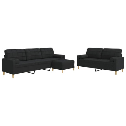 Set Divani 3 pz con Poggiapiedi e Cuscini Nero in Tessuto