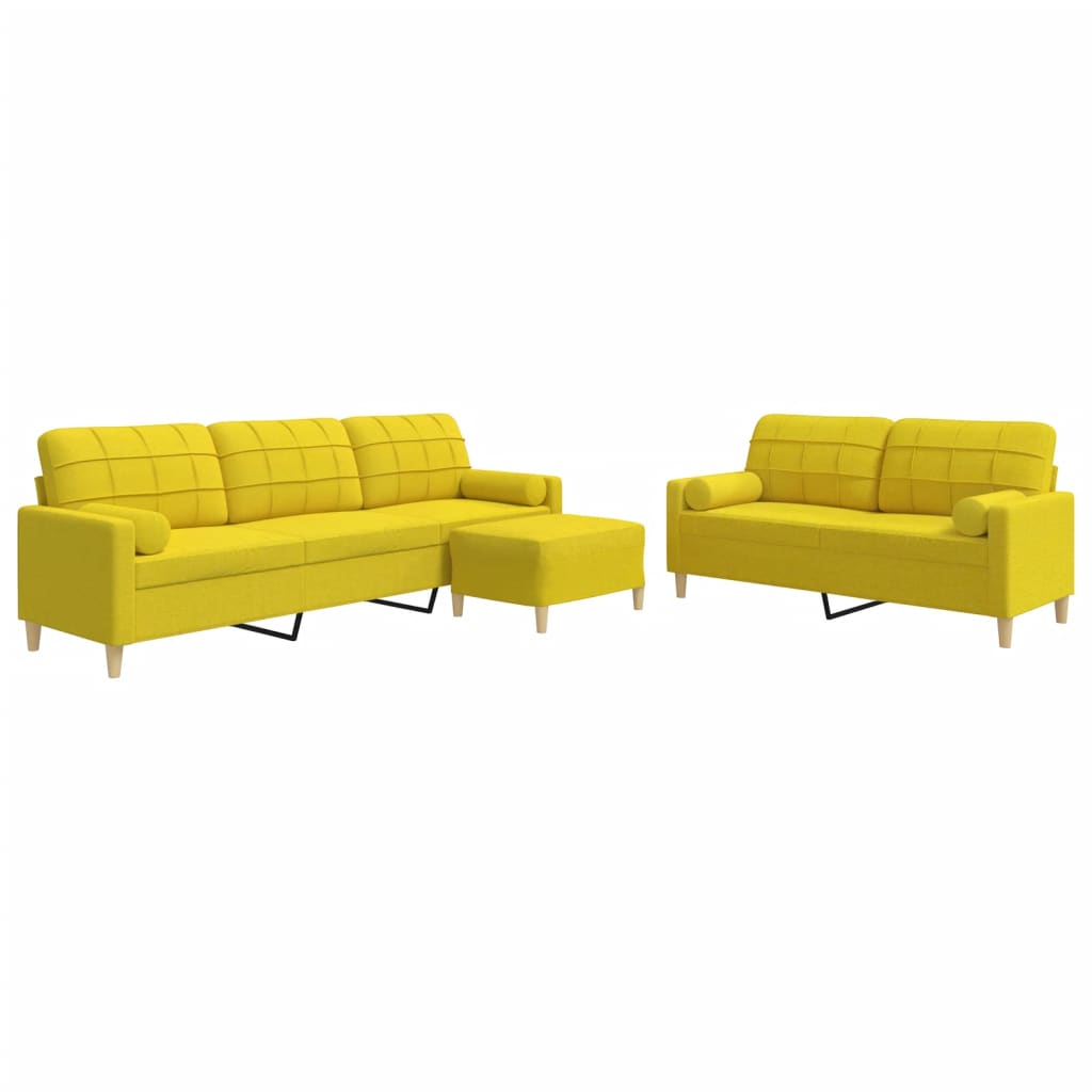 Set Divani 3 pz con Poggiapiedi e Cuscini Giallo Chiaro Tessuto