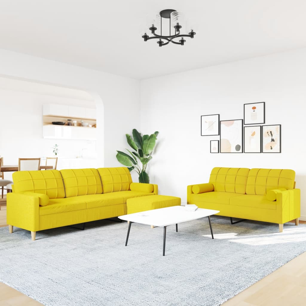 Set Divani 3 pz con Poggiapiedi e Cuscini Giallo Chiaro Tessuto