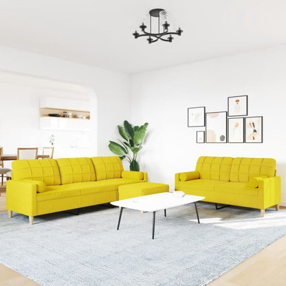 Set Divani 3 pz con Poggiapiedi e Cuscini Giallo Chiaro Tessuto
