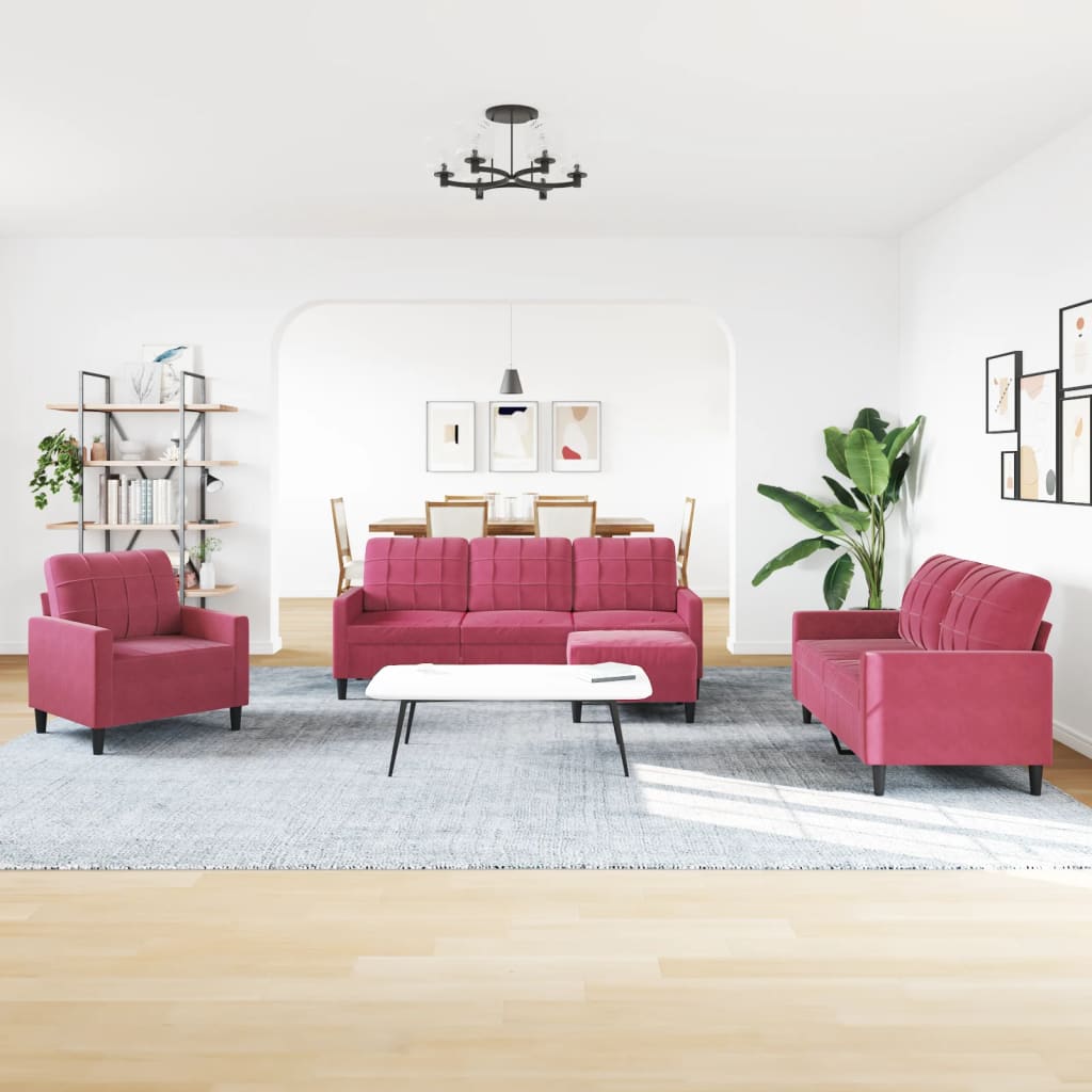 Set di Divani 4 pz con Cuscini Rosso Vino in Velluto