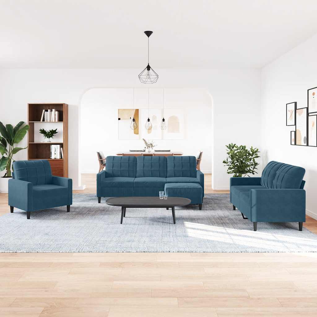 Set di Divani 4 pz con Cuscini Blu in Velluto