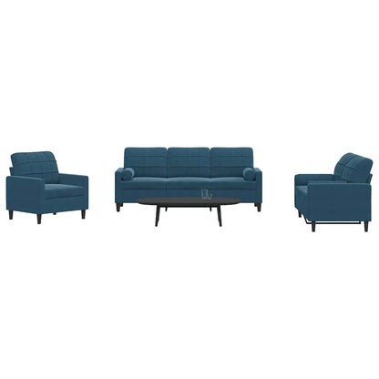 Set di Divani 3 pz con Cuscini e Rinforzi Blu in Velluto