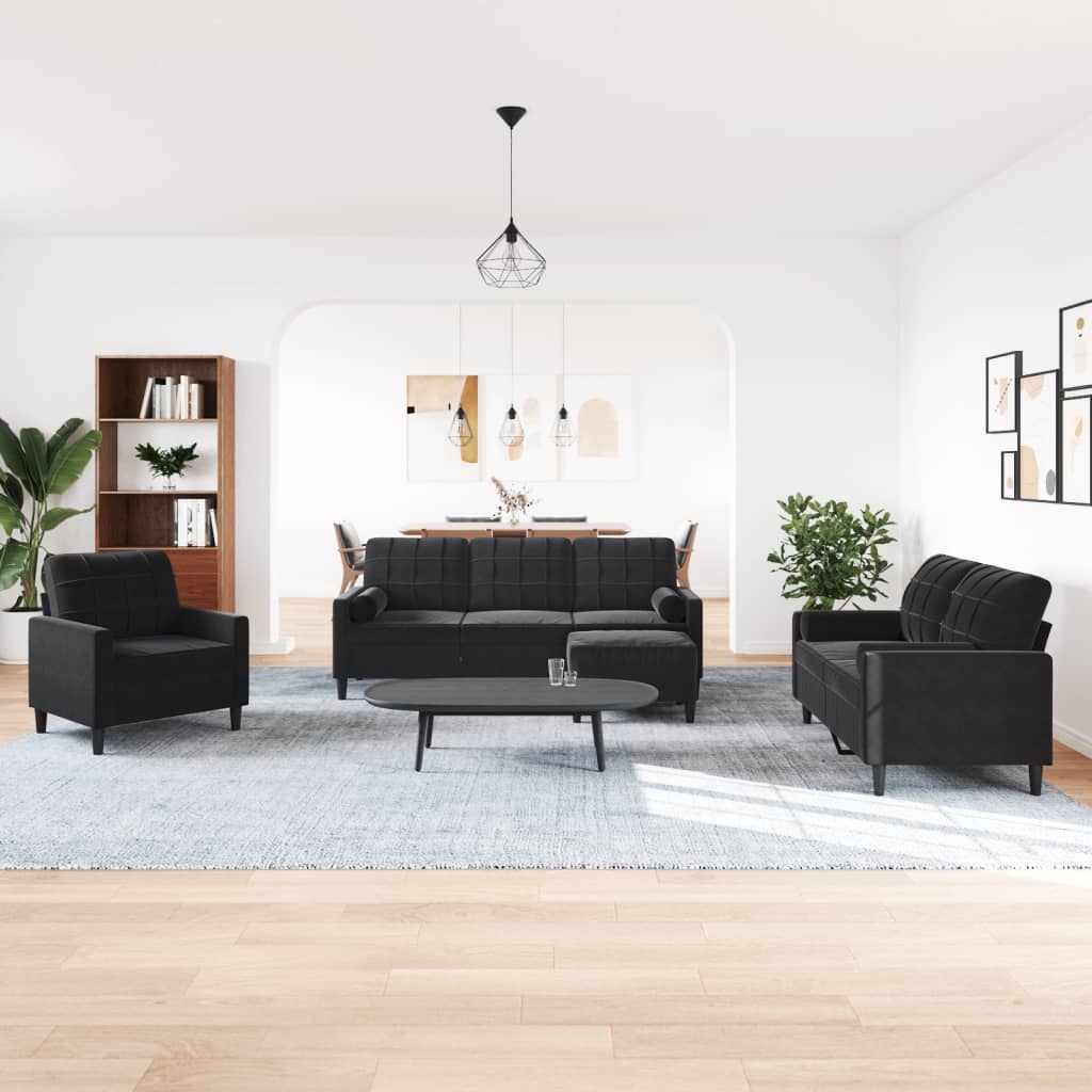 Set di Divani 4 pz con Cuscini e Rinforzi Nero in Velluto