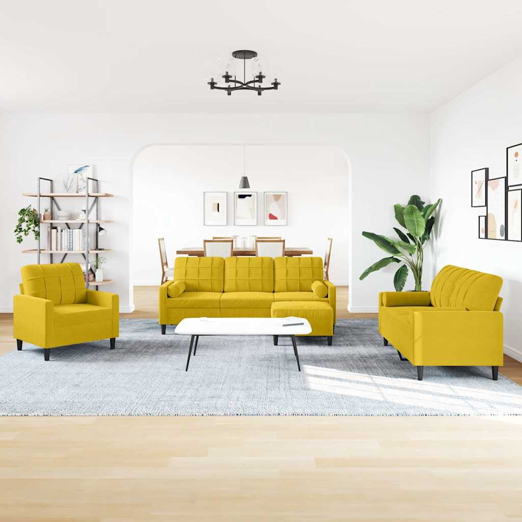 Set di Divani 4 pz con Cuscini e Rinforzi Giallo in Velluto