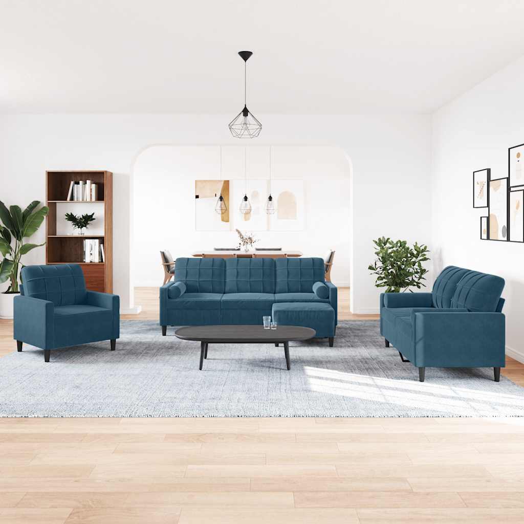 Set di Divani 4 pz con Cuscini e Rinforzi Blu in Velluto