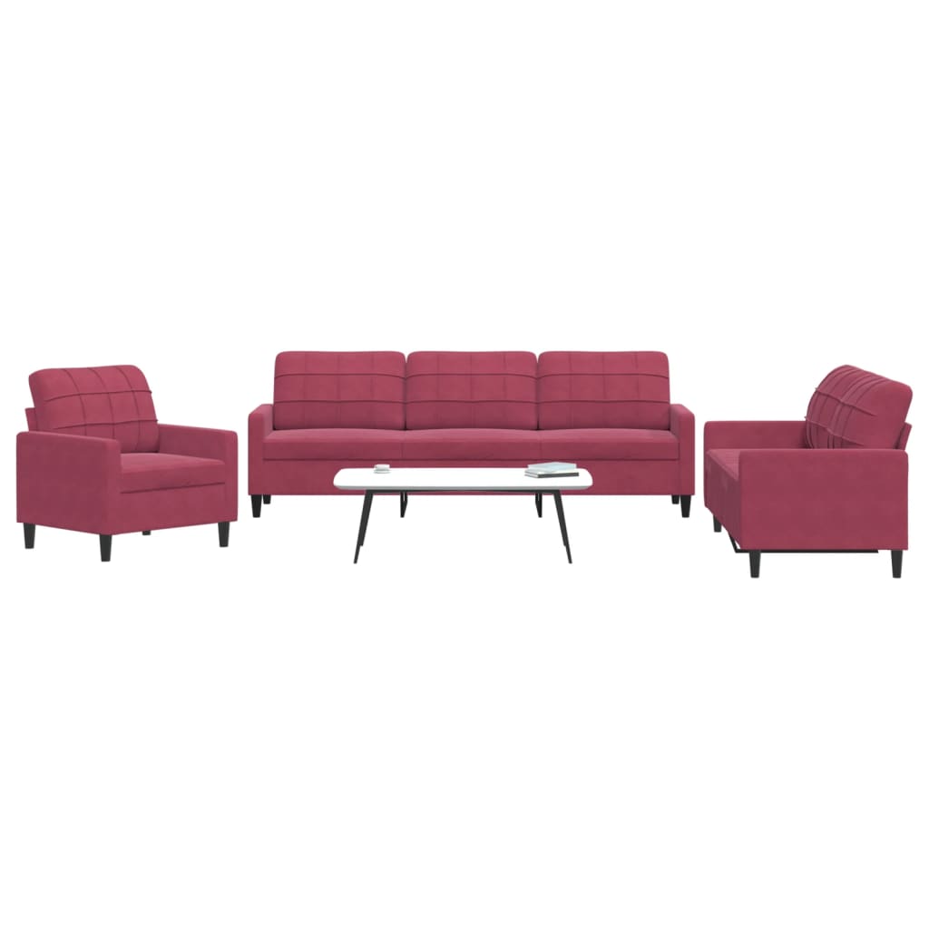 Set di Divani 3 pz con Cuscini Rosso Vino in Velluto