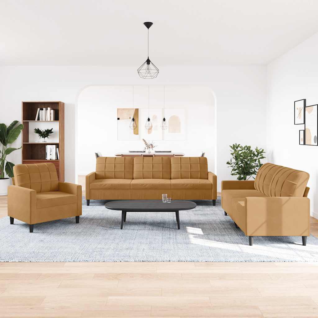 Set di Divani 3 pz con Cuscini Marrone in Velluto