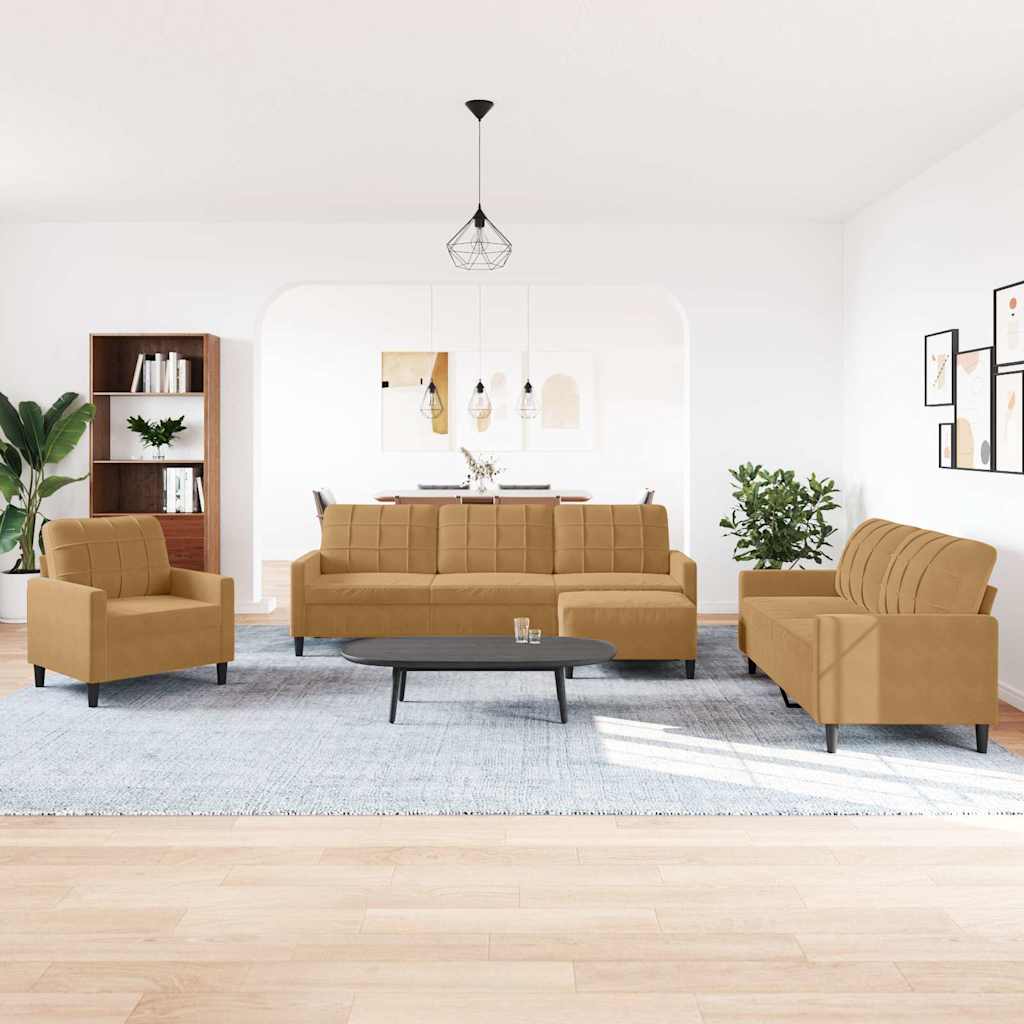 Set di Divani 4 pz con Cuscini Marrone in Velluto