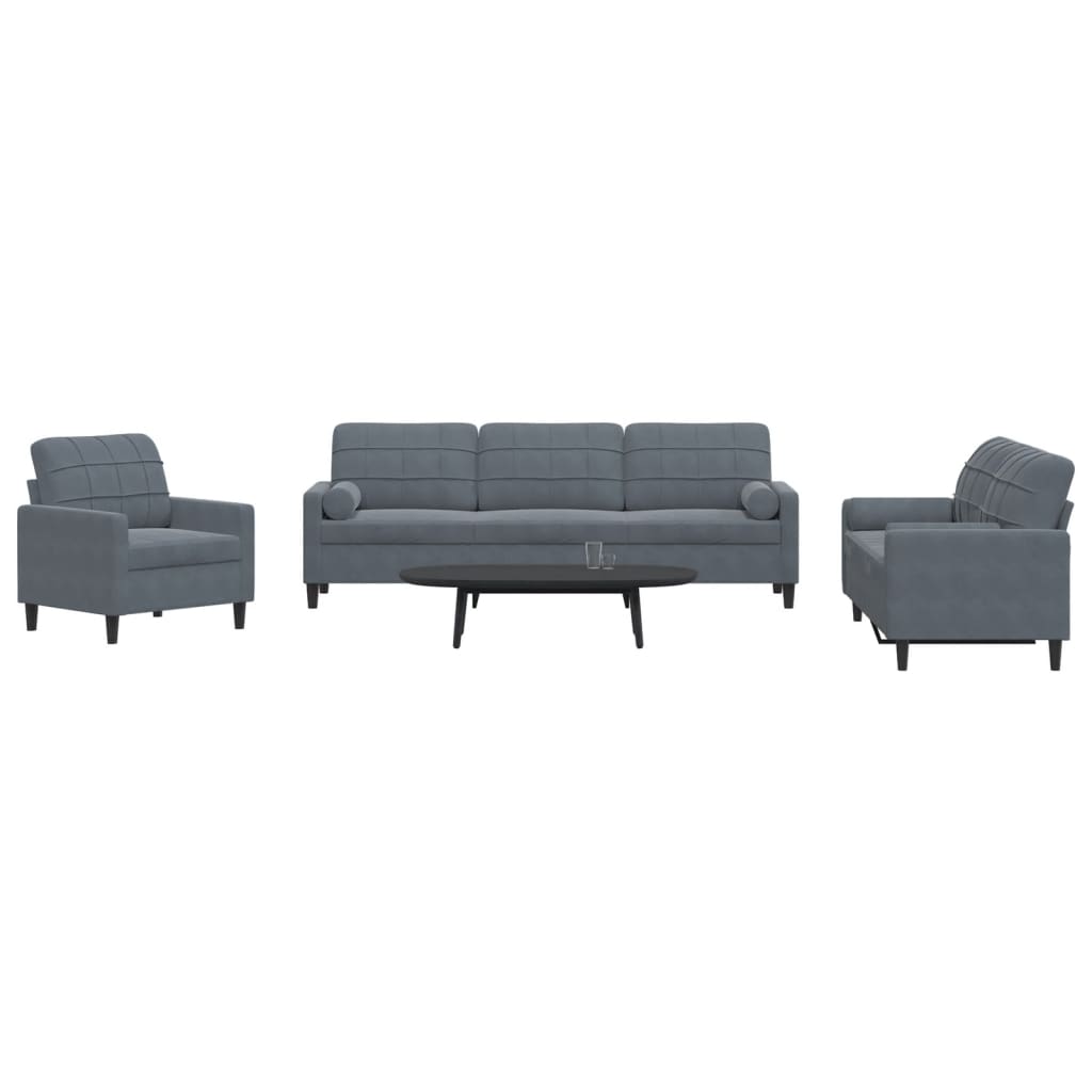 Set di Divani 3 pz con Cuscini e Rinforzi Grigio Scuro Velluto