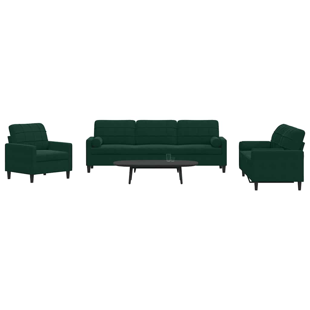 Set di Divani 3 pz con Cuscini e Rinforzi Verde scuro Velluto