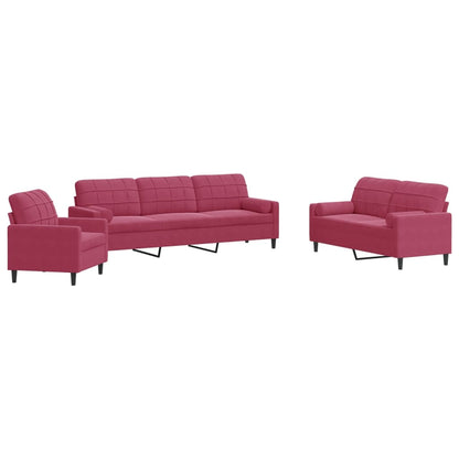 Set di Divani 3 pz con Cuscini e Rinforzi Rosso Vino in Velluto