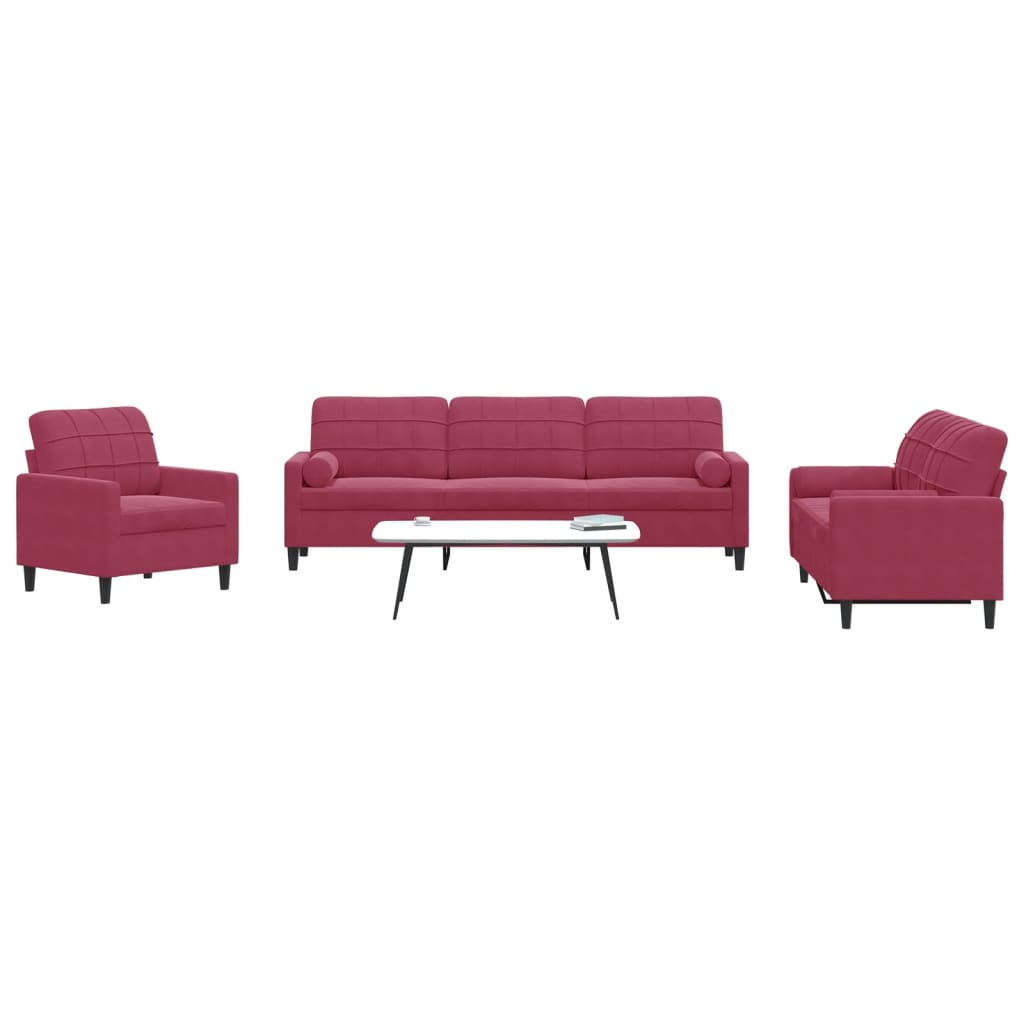 Set di Divani 3 pz con Cuscini e Rinforzi Rosso Vino in Velluto