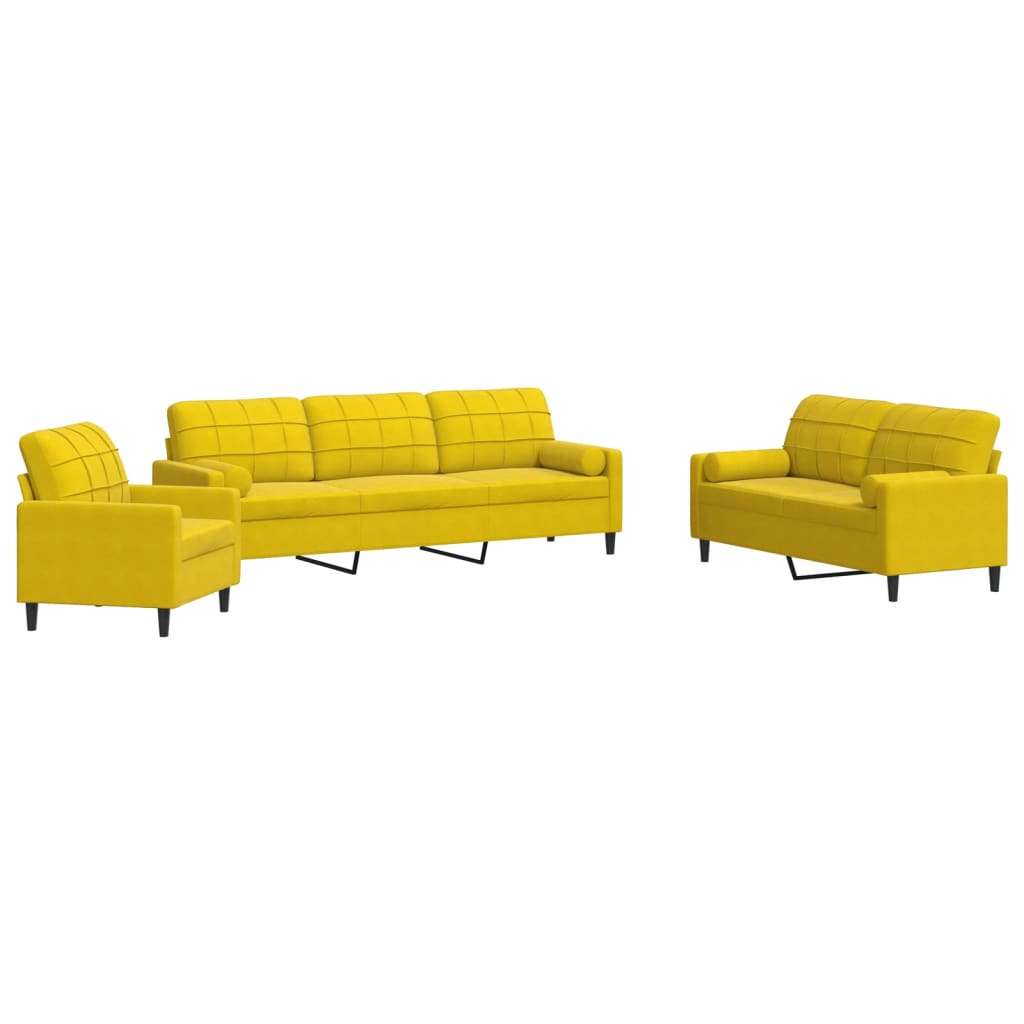 Set di Divani 3 pz con Cuscini e Rinforzi Giallo in Velluto