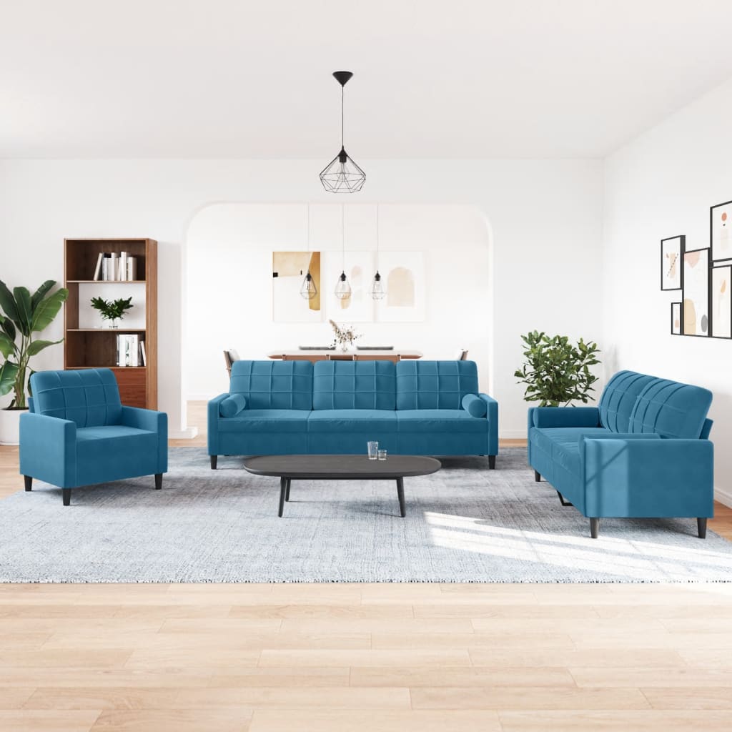 Set di Divani 3 pz con Cuscini e Rinforzi Blu in Velluto