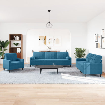Set di Divani 3 pz con Cuscini e Rinforzi Blu in Velluto