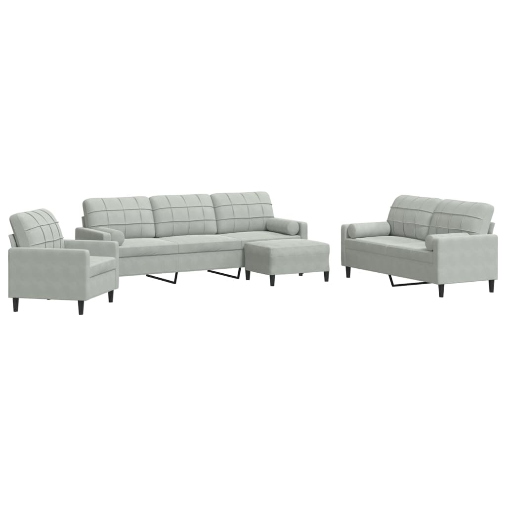 Set di Divani 4 pz con Cuscini e Rinforzi Grigio Chiaro Velluto