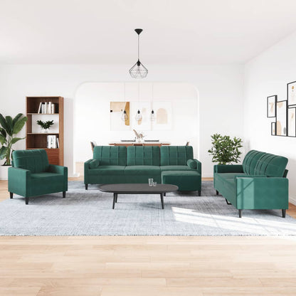 Set di Divani 4 pz con Cuscini e Rinforzi Verde scuro Velluto