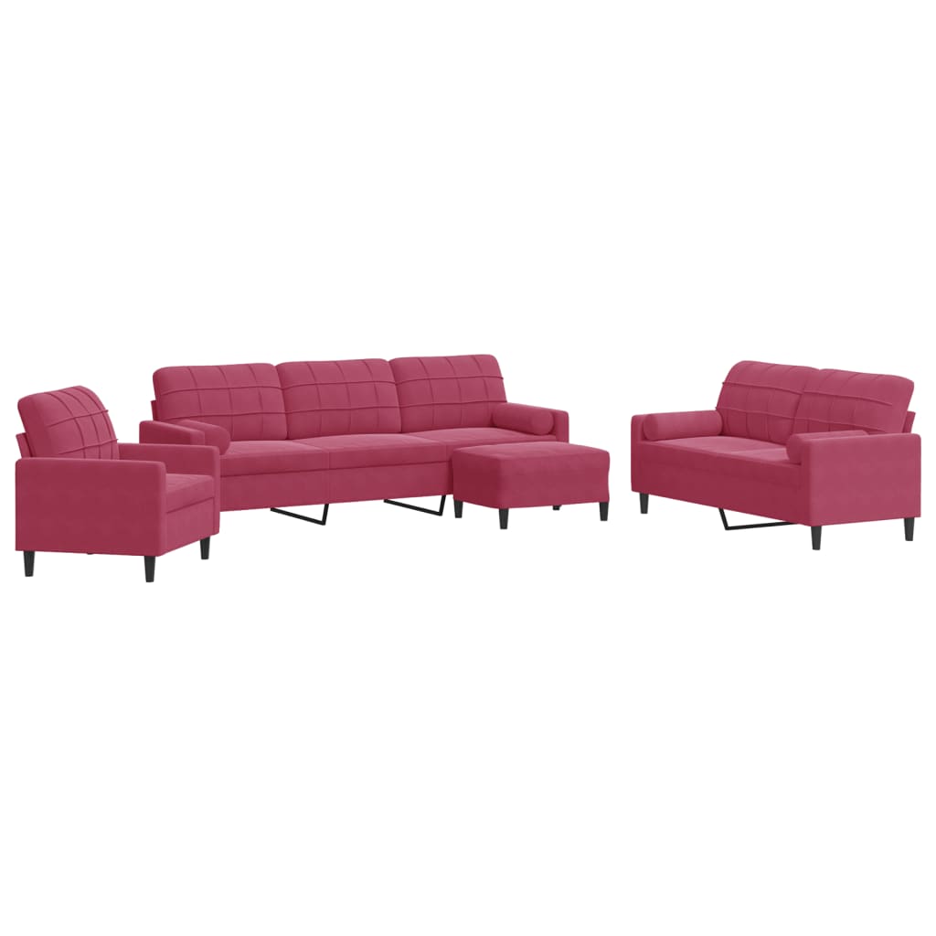 Set di Divani 4 pz con Cuscini e Rinforzi Rosso Vino in Velluto