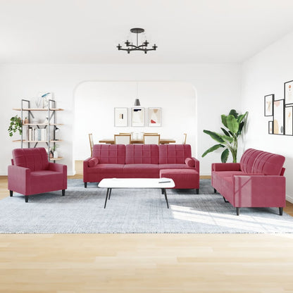 Set di Divani 4 pz con Cuscini e Rinforzi Rosso Vino in Velluto