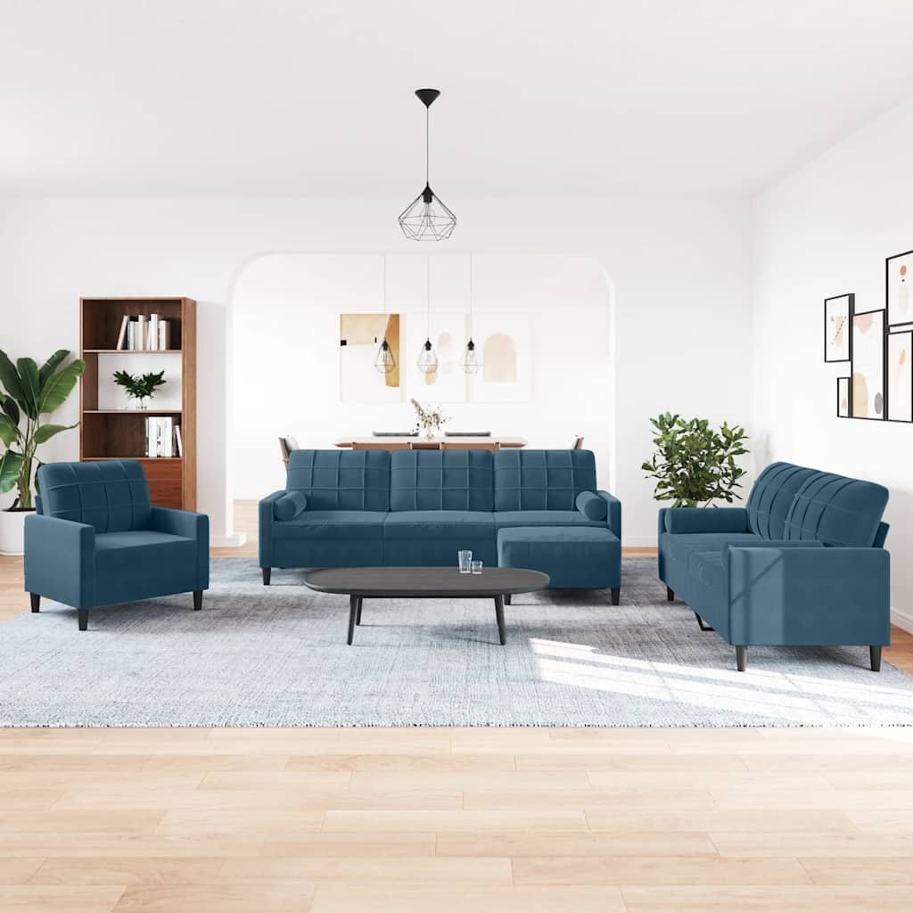 Set di Divani 4 pz con Cuscini e Rinforzi Blu in Velluto