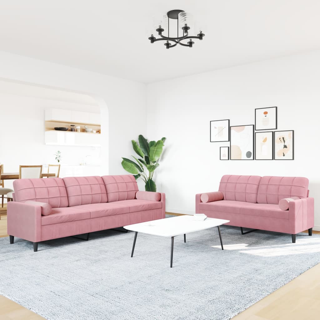 Set di Divani 2 pz con Cuscini e Rinforzi rosa in Velluto