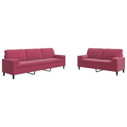 Set di Divani 2 pz con Cuscini e Rinforzi Rosso Vino in Velluto