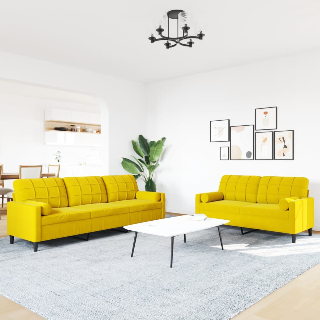 Set di Divani 2 pz con Cuscini e Rinforzi Giallo in Velluto
