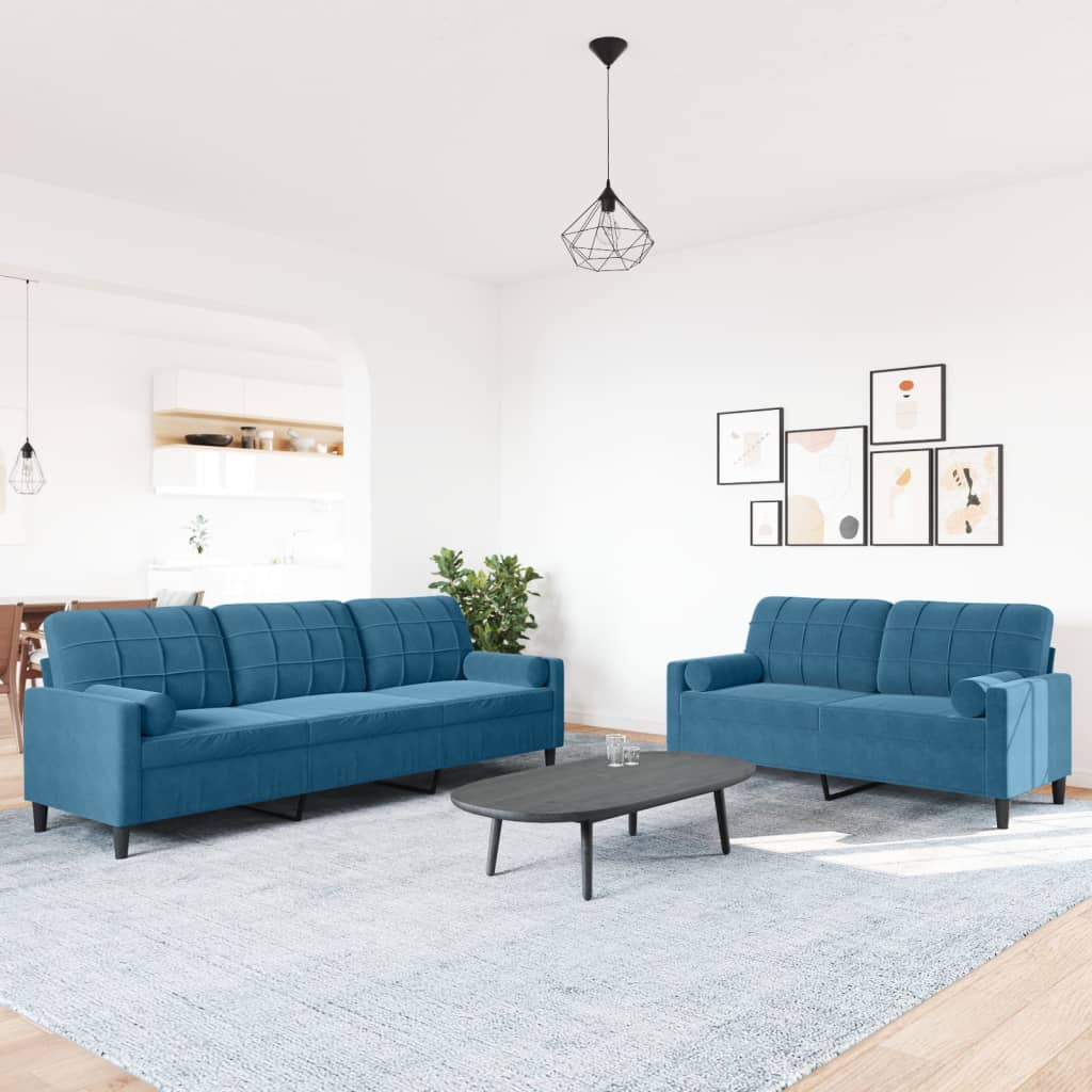 Set di Divani 2 pz con Cuscini e Rinforzi Blu in Velluto
