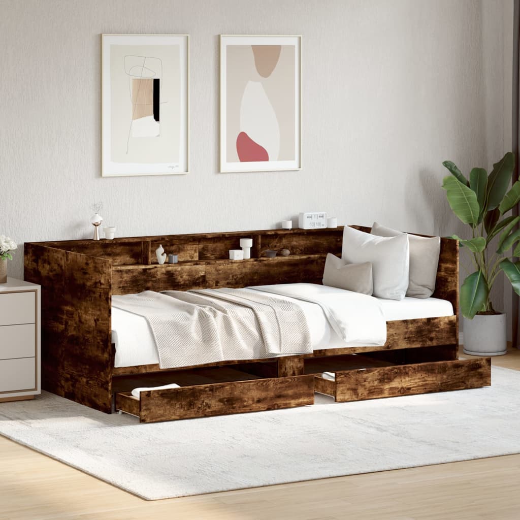Divano Letto con Cassetti senza Materasso Rovere Fumo 90x200 cm