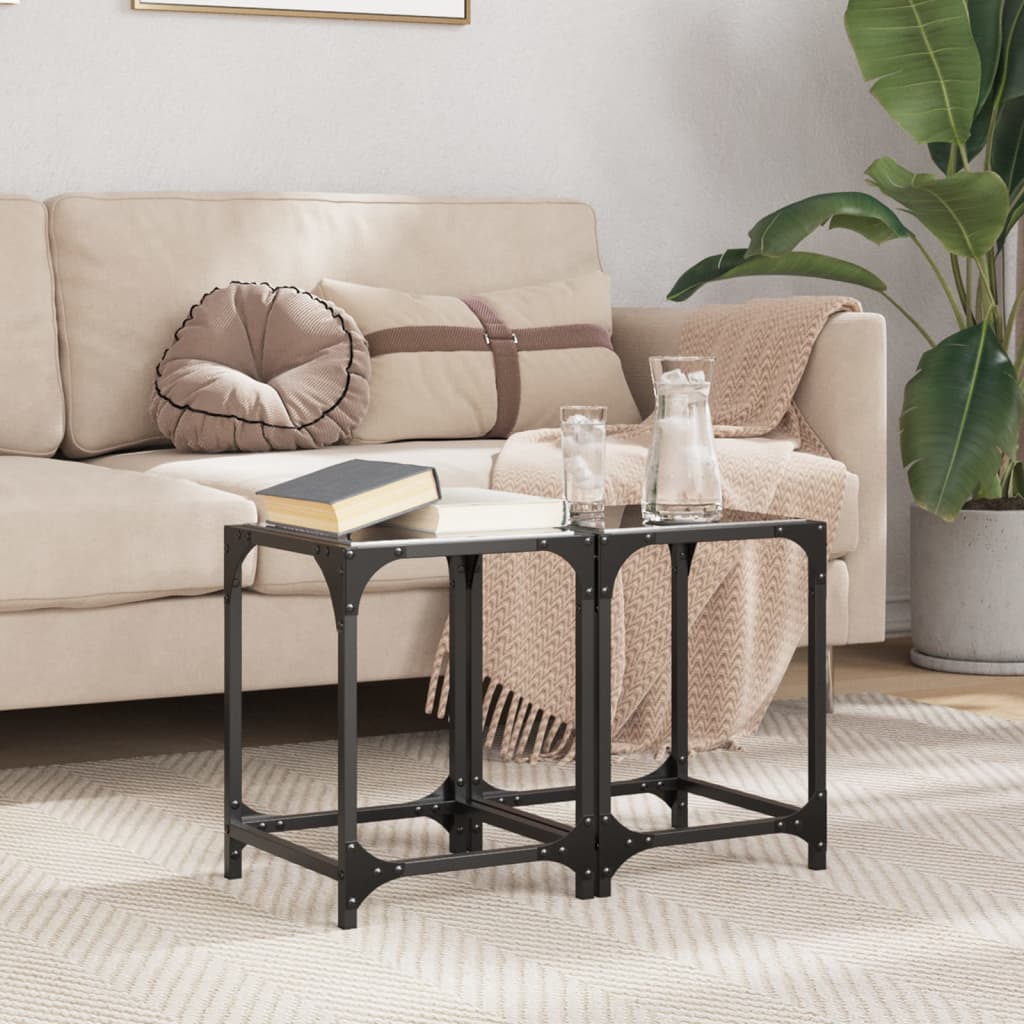 Tavolini da Salotto con Piano Vetro Nero 2pz 30x30x40cm Acciaio