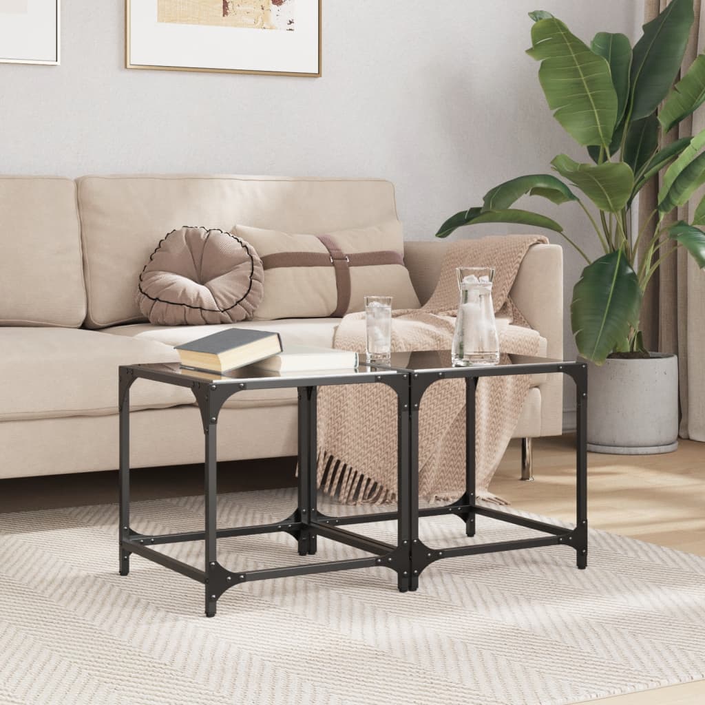 Tavolini da Salotto con Piano Vetro Nero 2pz 40x40x40cm Acciaio