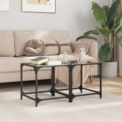 Tavolini da Salotto con Piano Vetro Nero 2pz 40x40x40cm Acciaio