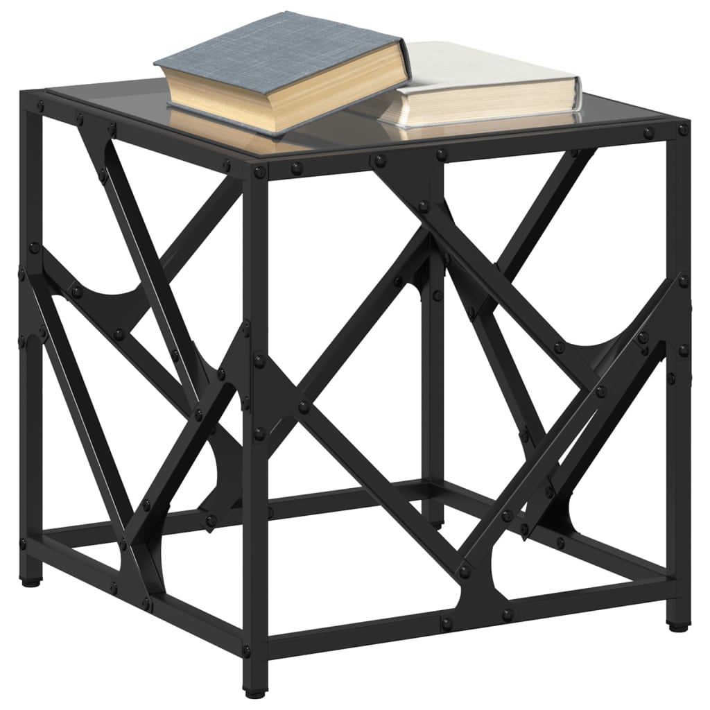 Tavolino con Piano in Vetro Nero 40x40x41 cm Acciaio