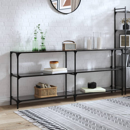 Tavolino Consolle con Piano in Vetro Nero 194,5x30x81cm Acciaio