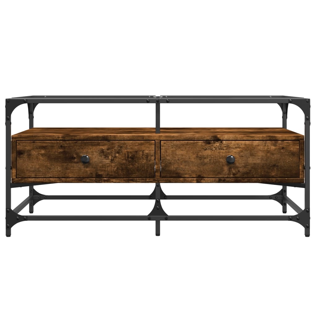 Tavolino con Piano in Vetro Rovere Fumo 98,5x50x45 cm Acciaio