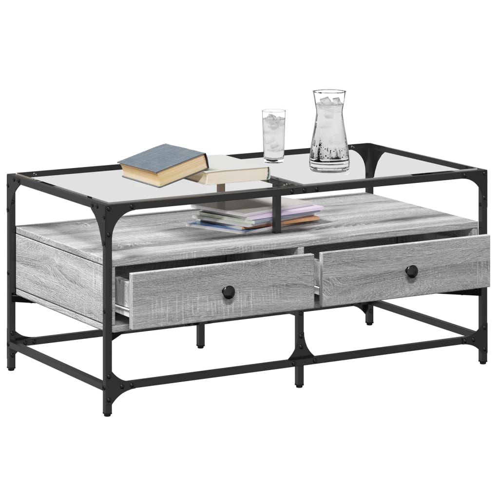 Tavolino con Piano in Vetro Grigio Cemento 98,5x50x45cm Acciaio