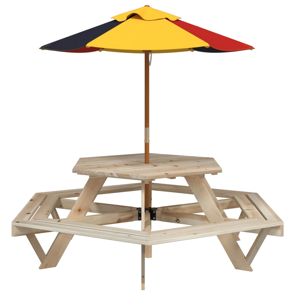 Tavolo Picnic per 6 Bambini con Ombrellone Esagono Legno Abete