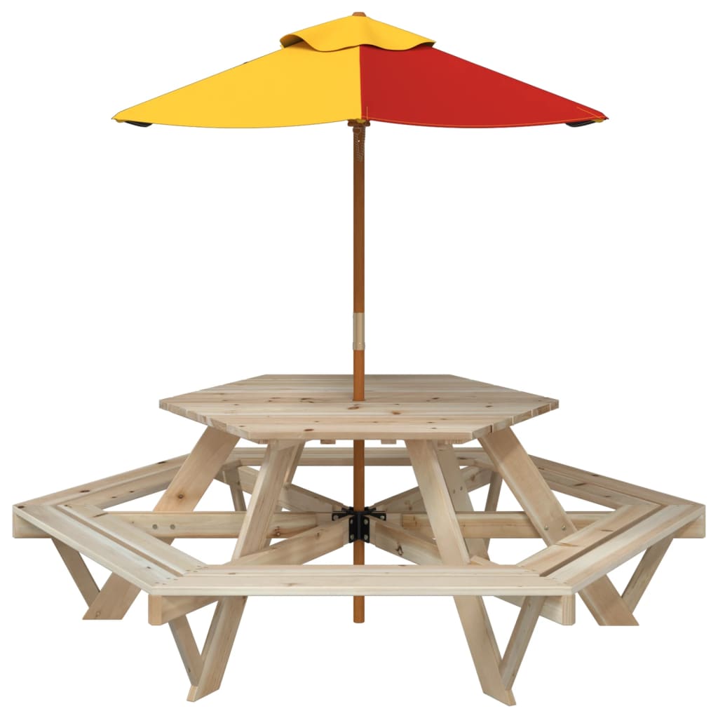 Tavolo Picnic per 6 Bambini con Ombrellone Esagono Legno Abete